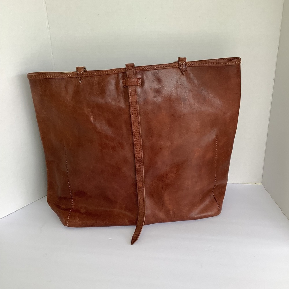 Unbranded Cognac Brown Leather Tote Bag Distressed Artisanal Suede Lined Large